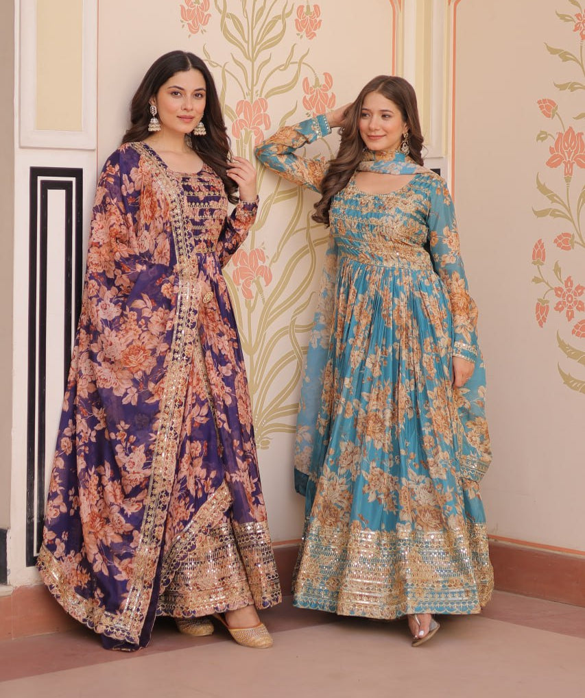 Russian Silk Digital Print Gown Set with Sequins Work – Fully Stitched & Ready to Wear - ETHNICDEAL