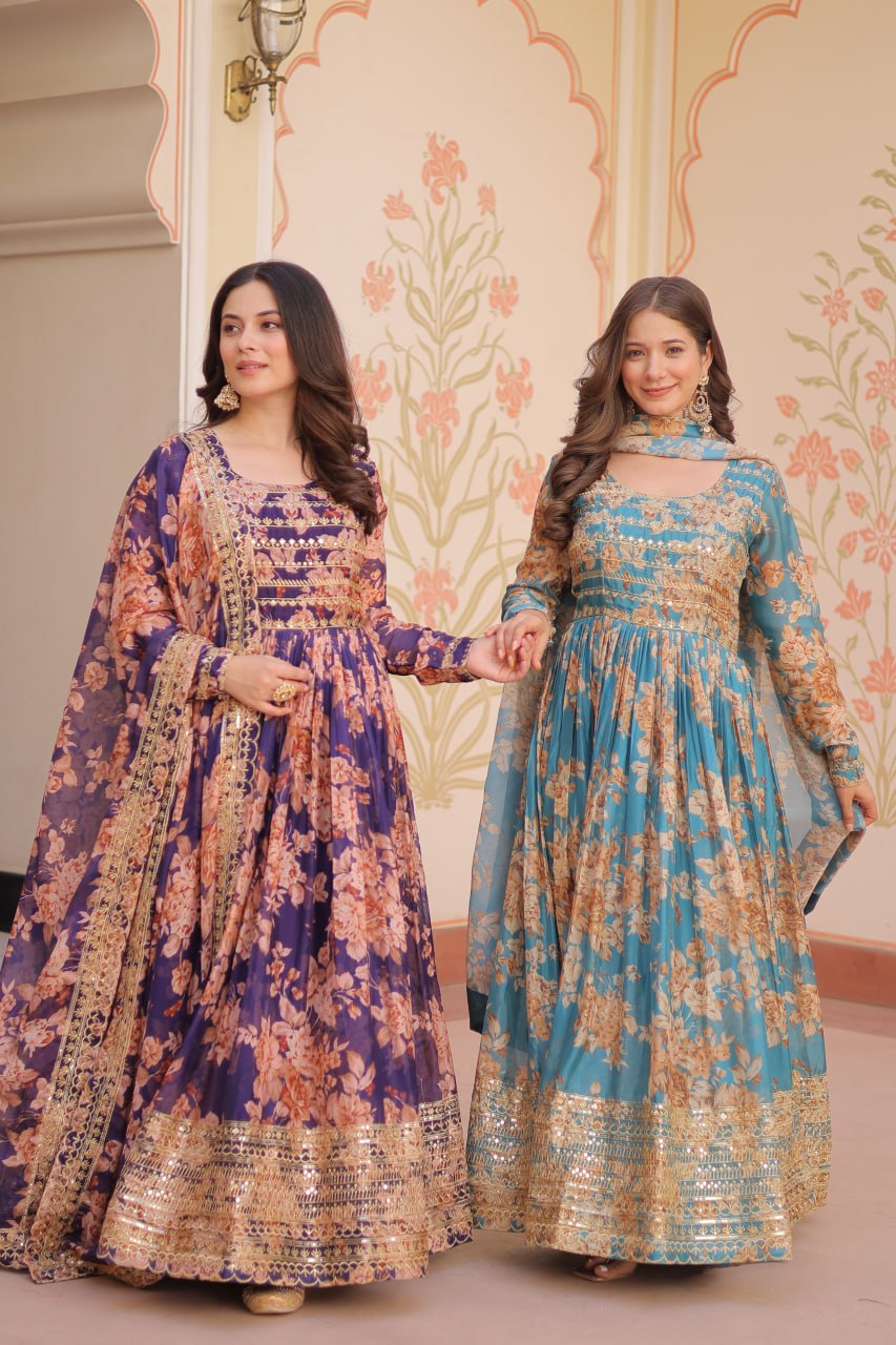 Russian Silk Digital Print Gown Set with Sequins Work – Fully Stitched & Ready to Wear - ETHNICDEAL