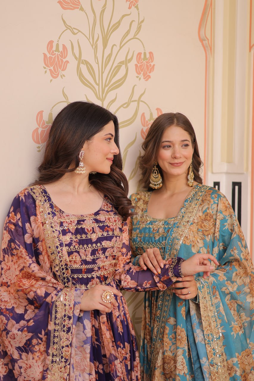 Russian Silk Digital Print Gown Set with Sequins Work – Fully Stitched & Ready to Wear - ETHNICDEAL