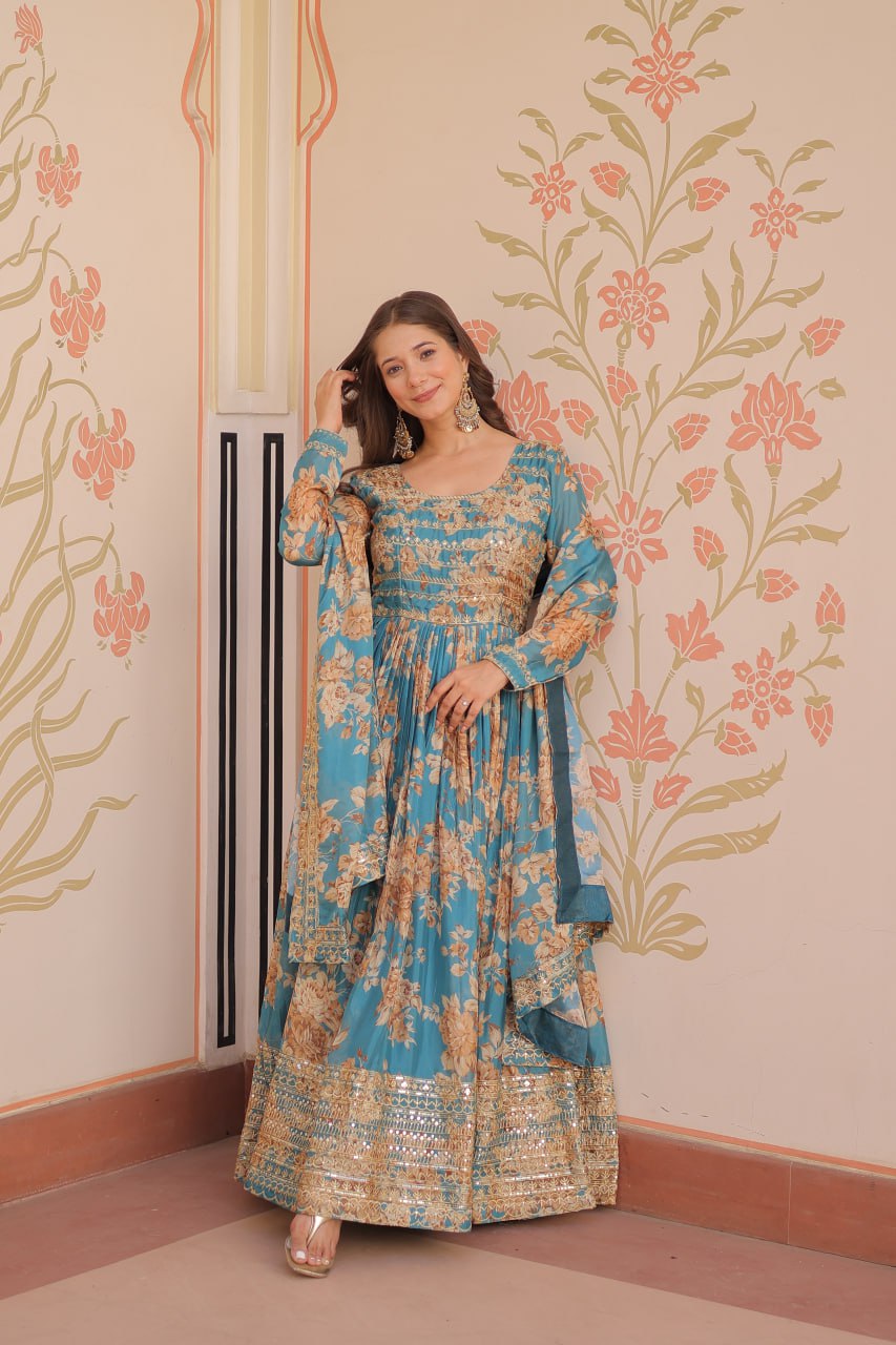 Russian Silk Digital Print Gown Set with Sequins Work – Fully Stitched & Ready to Wear - ETHNICDEAL