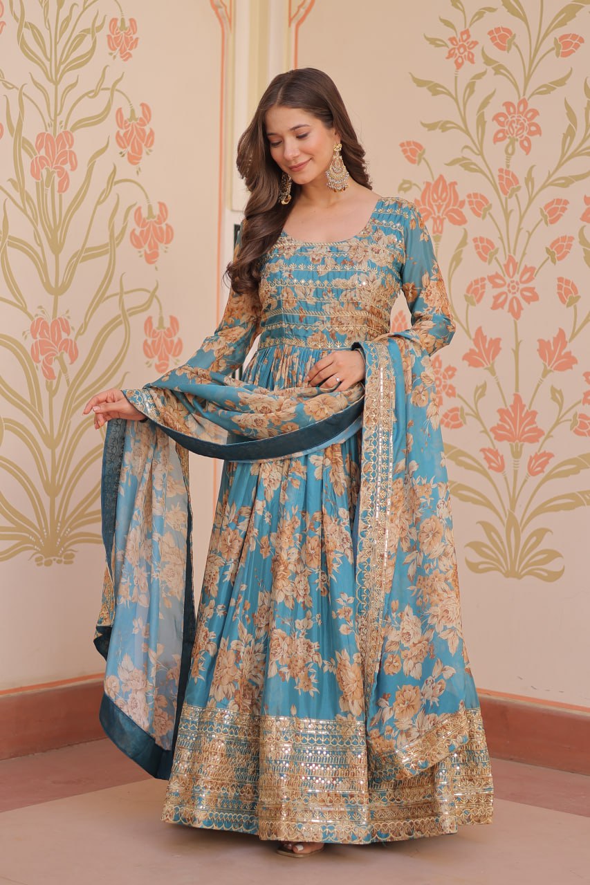 Russian Silk Digital Print Gown Set with Sequins Work – Fully Stitched & Ready to Wear - ETHNICDEAL