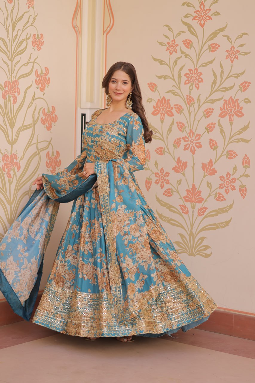 Russian Silk Digital Print Gown Set with Sequins Work – Fully Stitched & Ready to Wear - ETHNICDEAL