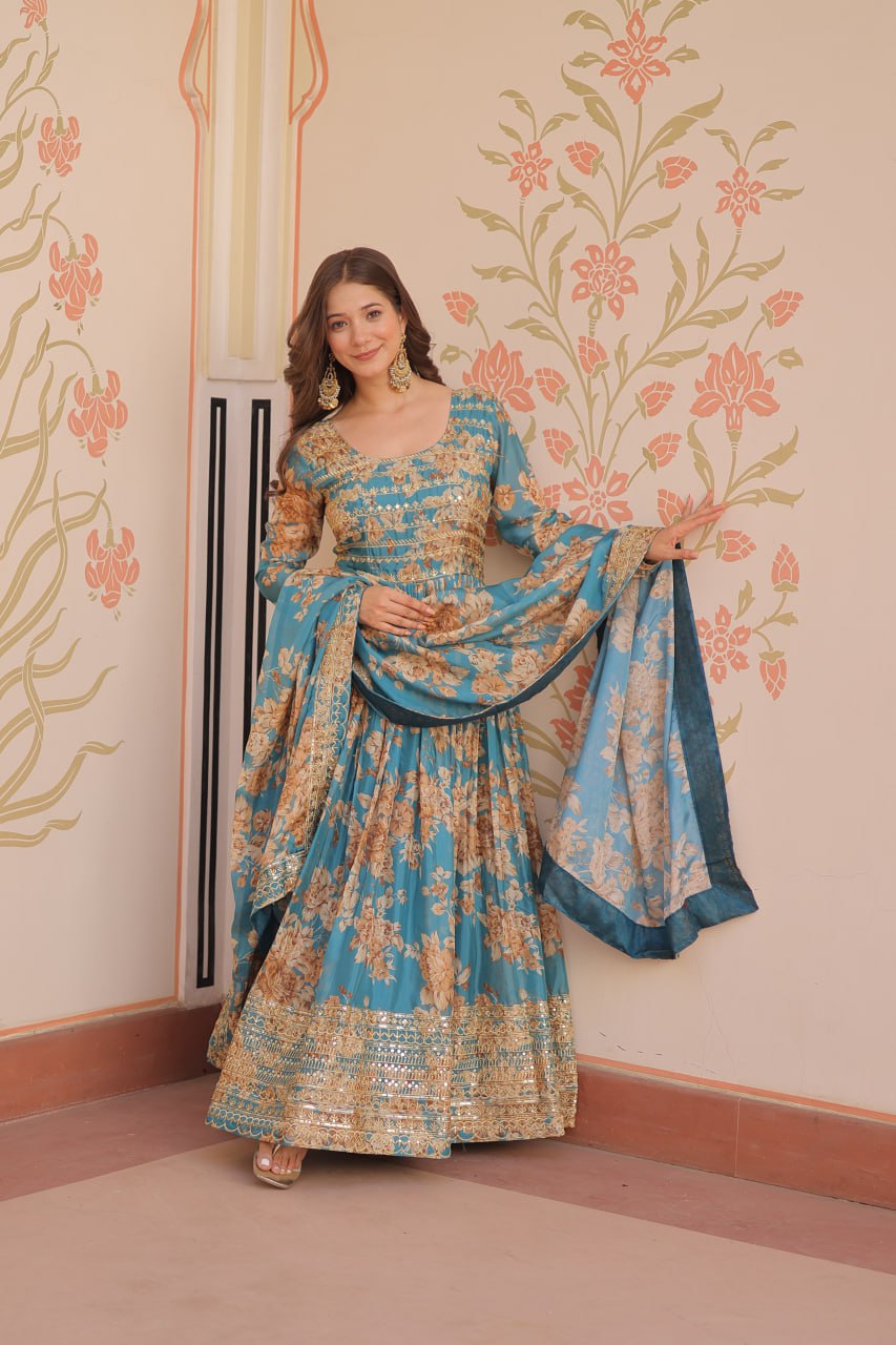 Russian Silk Digital Print Gown Set with Sequins Work – Fully Stitched & Ready to Wear - ETHNICDEAL