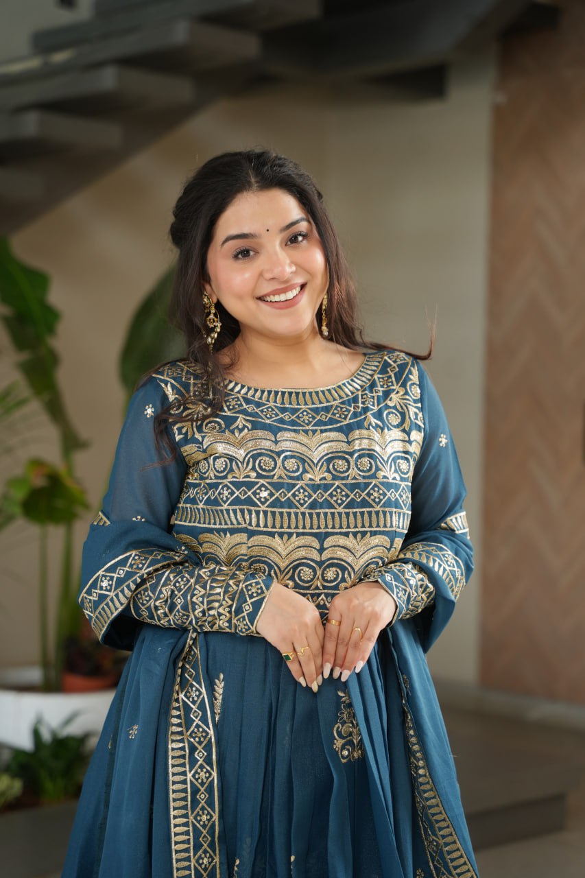 Chinnon Sequins & Beads Embroidered Gown Set With Dupatta - ETHNICDEAL