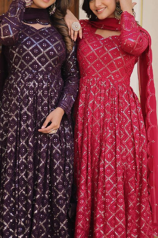 Bewitching Faux Georgette Heavy Sequins Worked Designer Gown - Ethnicwish