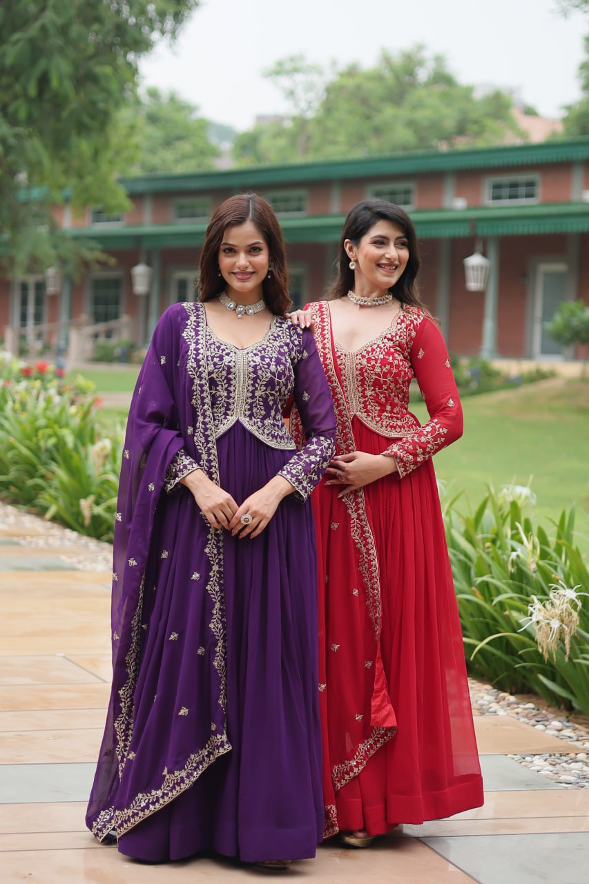 Radiant Faux Georgette Intricate Sequins Embroidered Gown With Dupatta - Ethnicwish