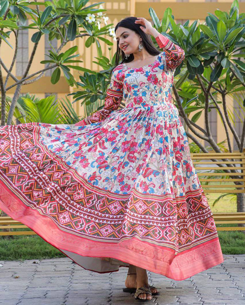 Hypnotic Banarasi Silk Kalamkari Printed Stitched Designer Gown - Ethnicwish