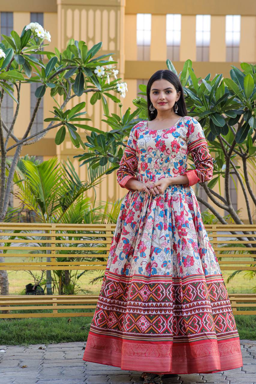 Hypnotic Banarasi Silk Kalamkari Printed Stitched Designer Gown - Ethnicwish