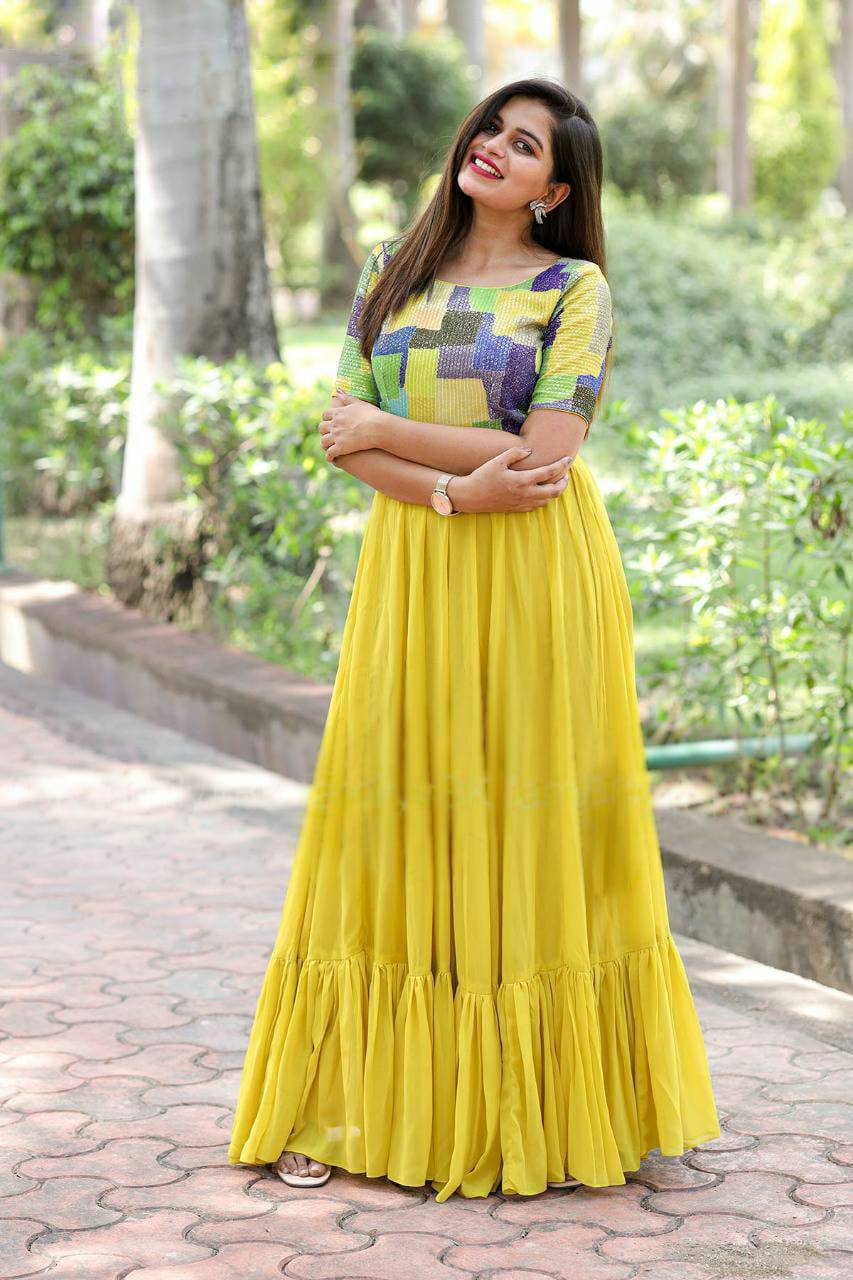 Resplendent Yellow Faux Georgette Fully Stitched Gown - Ethnicwish