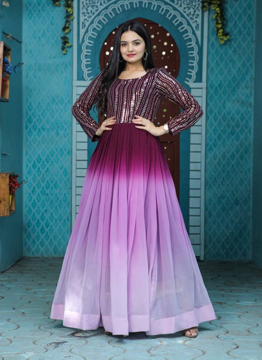 Wine Faux Georgette Sequins Embroidered Shaded Gown - Ethnicwish