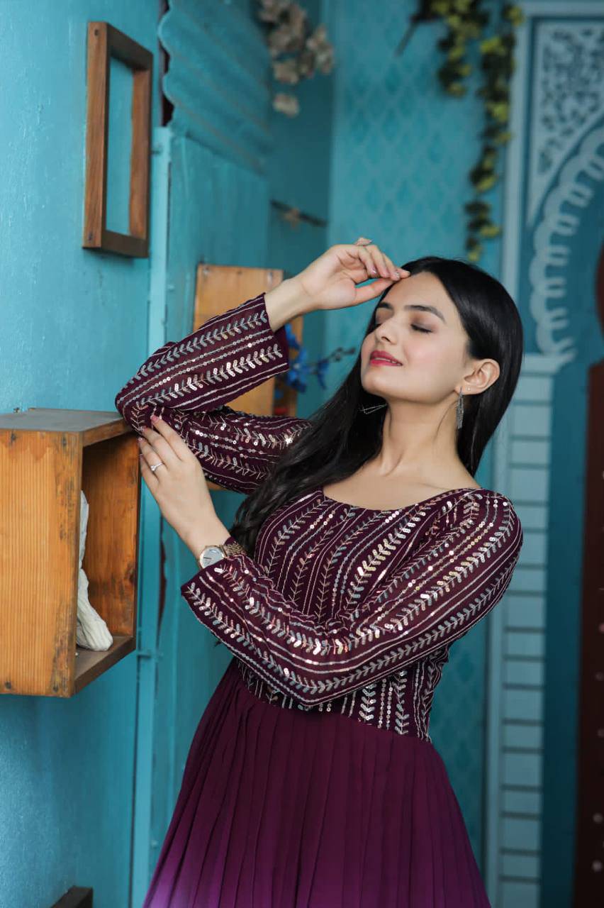 Wine Faux Georgette Sequins Embroidered Shaded Gown - Ethnicwish