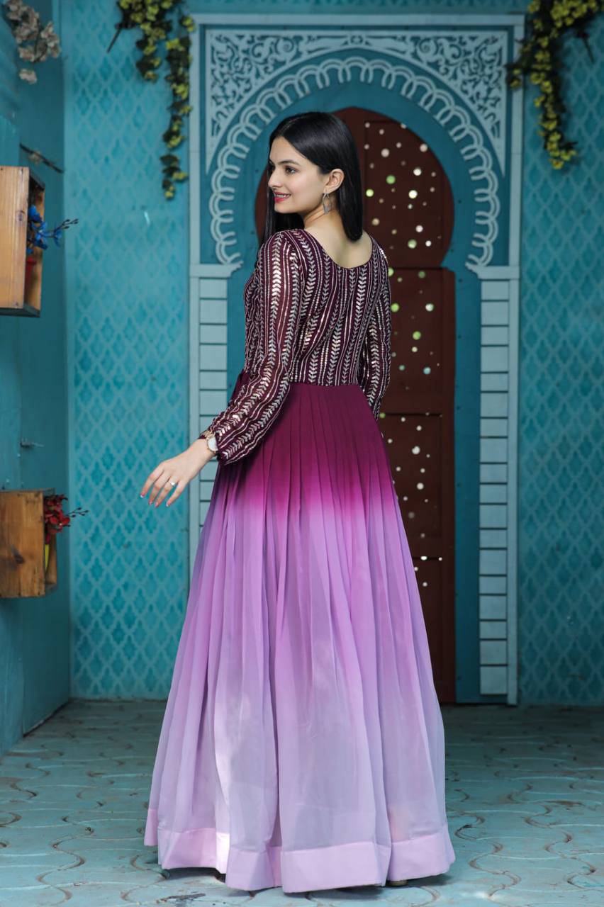 Wine Faux Georgette Sequins Embroidered Shaded Gown - Ethnicwish