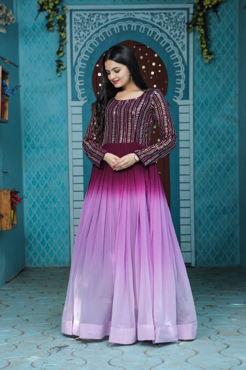 Wine Faux Georgette Sequins Embroidered Shaded Gown - Ethnicwish