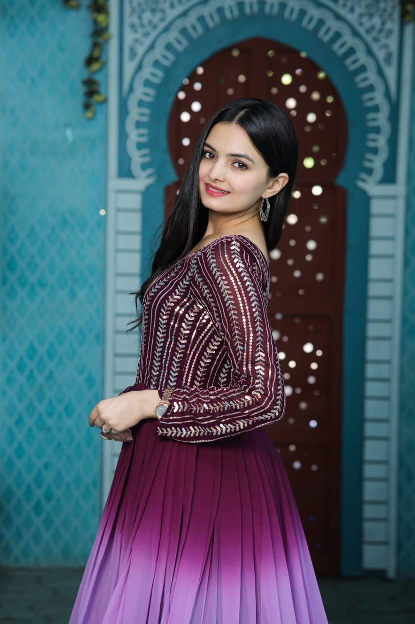 Wine Faux Georgette Sequins Embroidered Shaded Gown - Ethnicwish