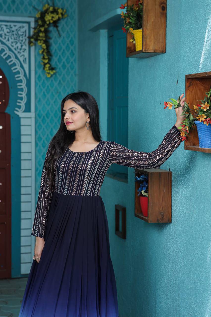 Wine Faux Georgette Sequins Embroidered Shaded Gown - Ethnicwish