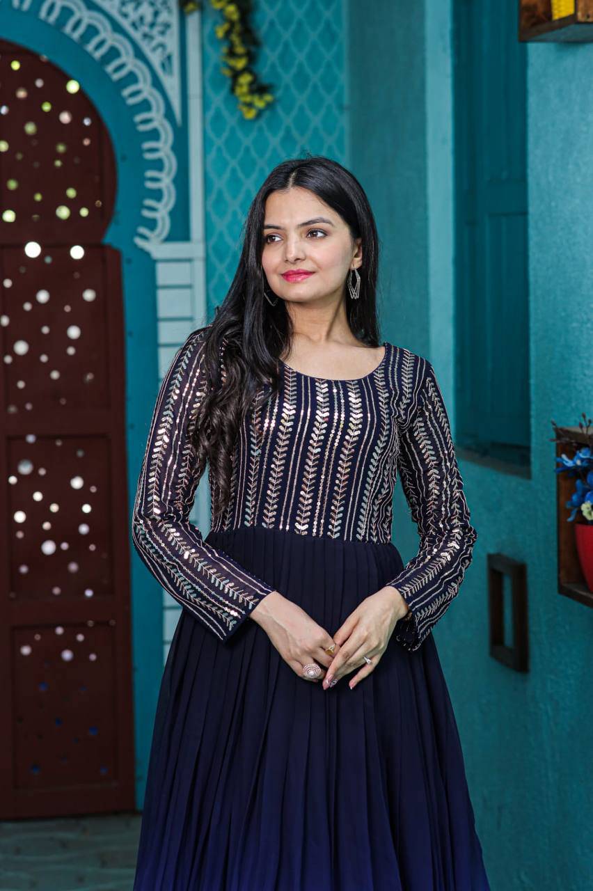 Wine Faux Georgette Sequins Embroidered Shaded Gown - Ethnicwish