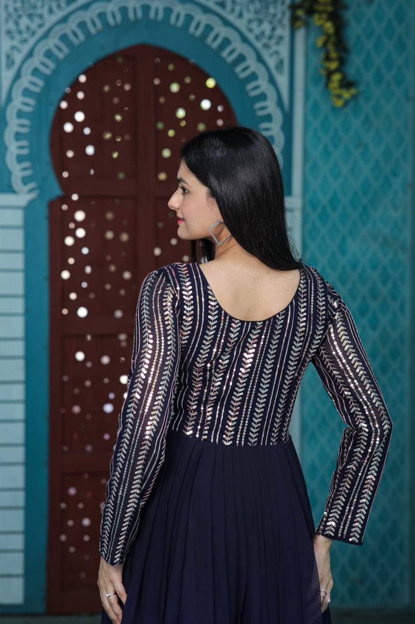 Wine Faux Georgette Sequins Embroidered Shaded Gown - Ethnicwish