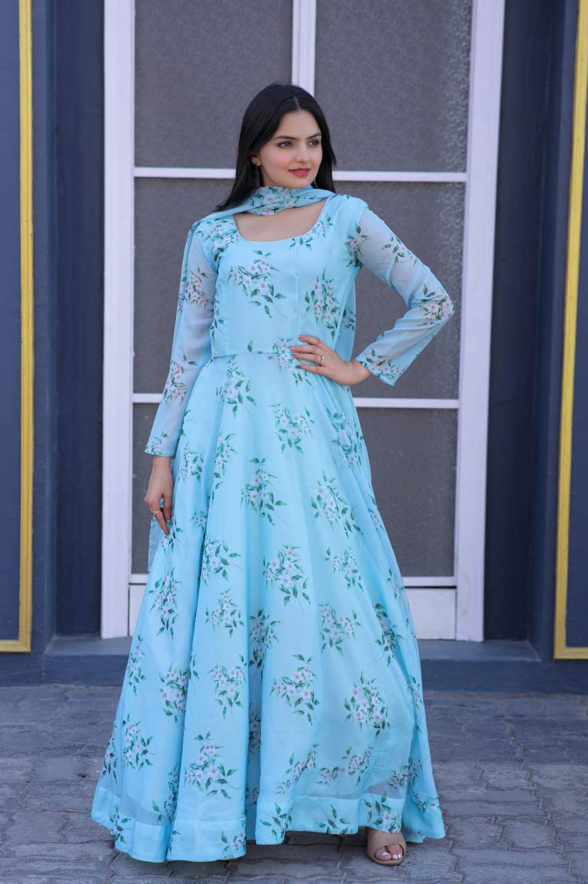Winsome Sky Blue Floral Printed Tabby Silk Gown With Dupatta - Ethnicwish