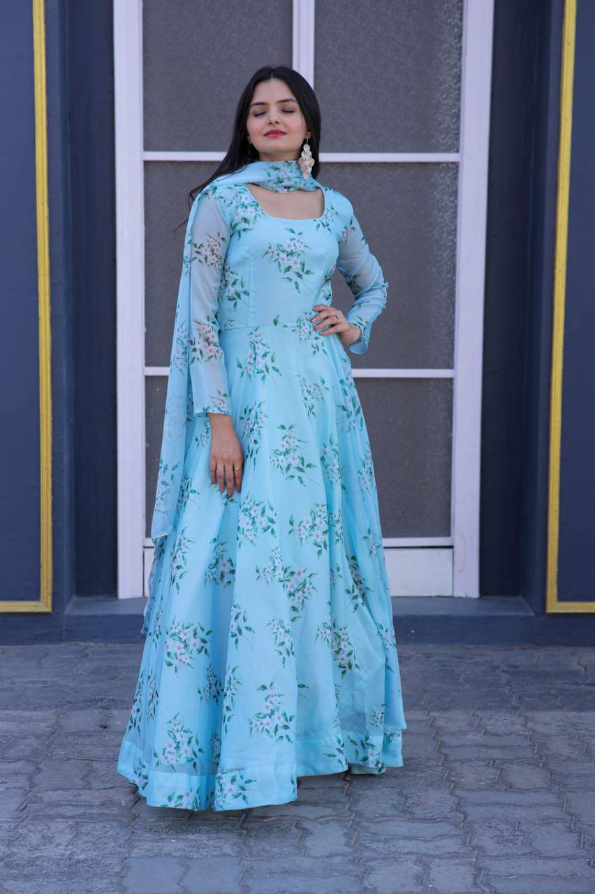 Winsome Sky Blue Floral Printed Tabby Silk Gown With Dupatta - Ethnicwish
