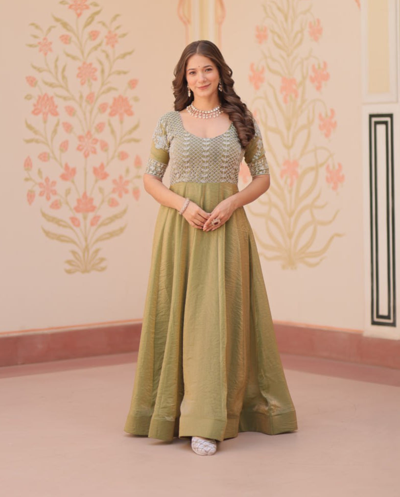 Lovely Fendy Silk Bead Embroidered Fully Stitched Gown - ETHNICDEAL