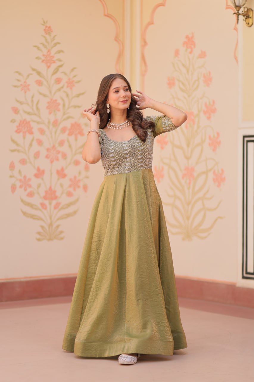 Lovely Fendy Silk Bead Embroidered Fully Stitched Gown - ETHNICDEAL
