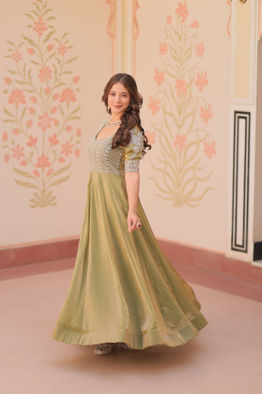 Lovely Fendy Silk Bead Embroidered Fully Stitched Gown - ETHNICDEAL