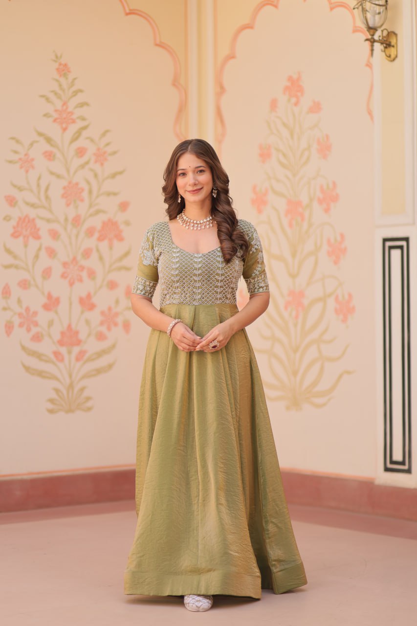 Lovely Fendy Silk Bead Embroidered Fully Stitched Gown - ETHNICDEAL