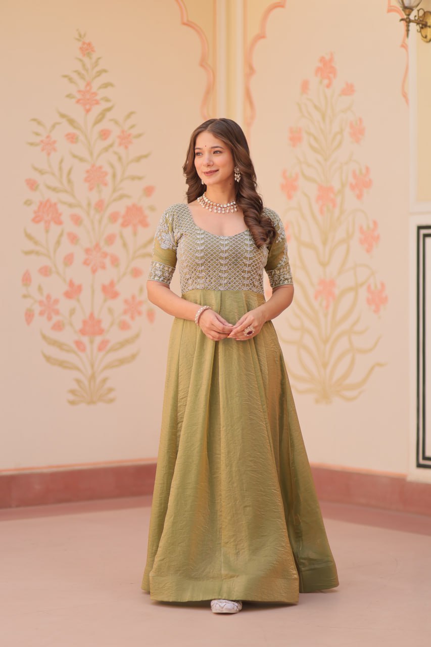 Lovely Fendy Silk Bead Embroidered Fully Stitched Gown - ETHNICDEAL