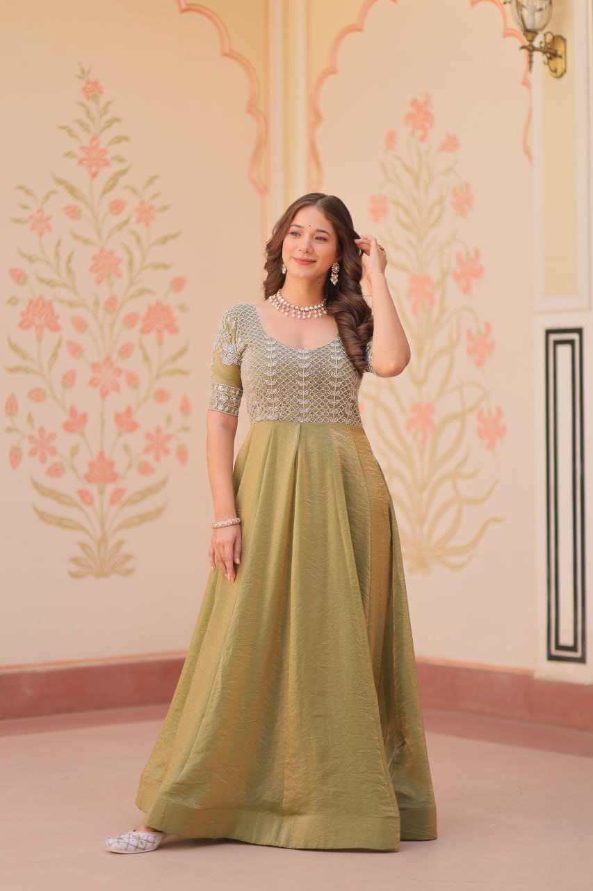 Lovely Fendy Silk Bead Embroidered Fully Stitched Gown - ETHNICDEAL