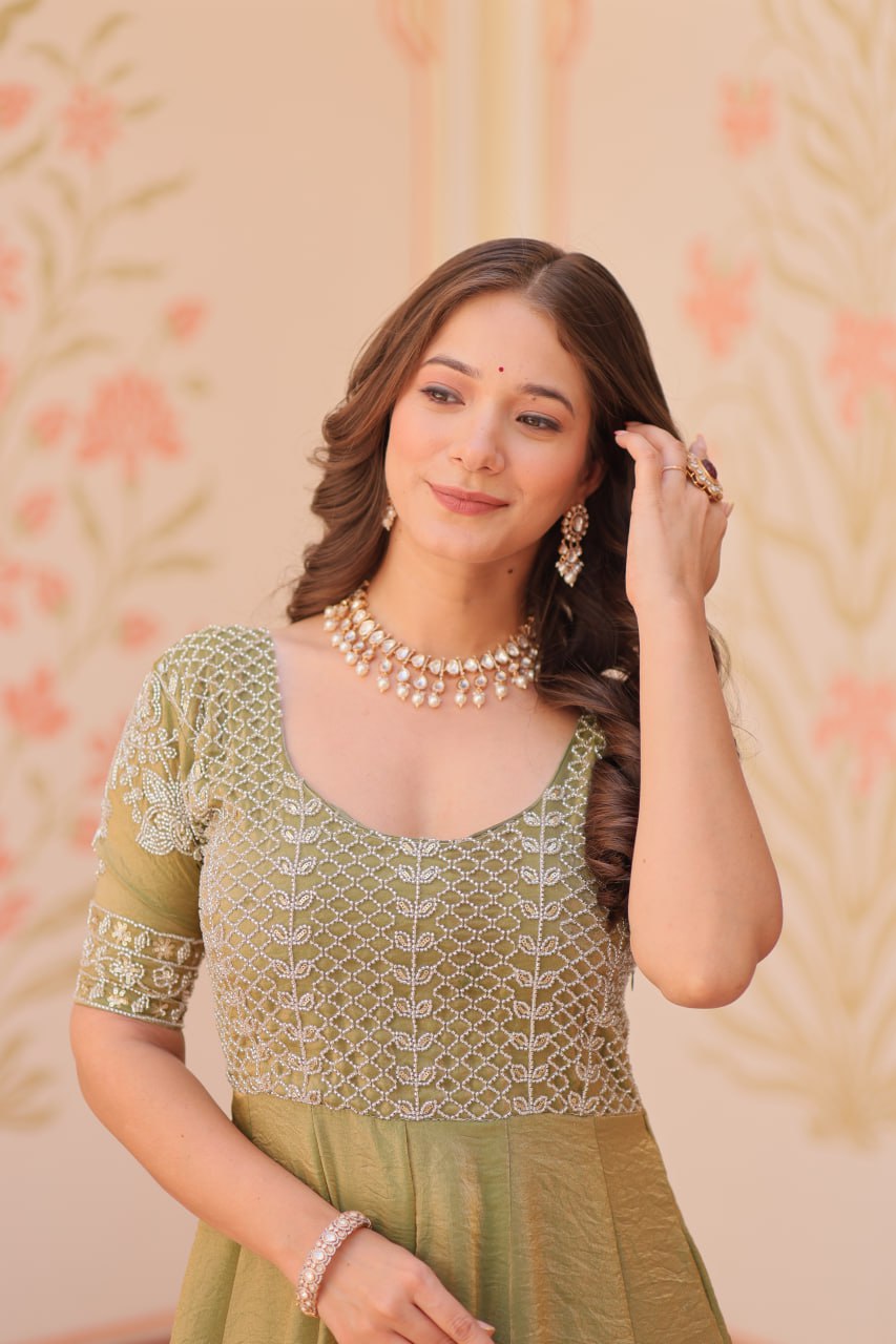 Lovely Fendy Silk Bead Embroidered Fully Stitched Gown - ETHNICDEAL