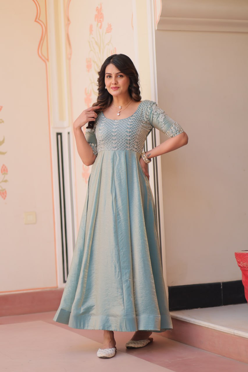 Lovely Fendy Silk Bead Embroidered Fully Stitched Gown - ETHNICDEAL