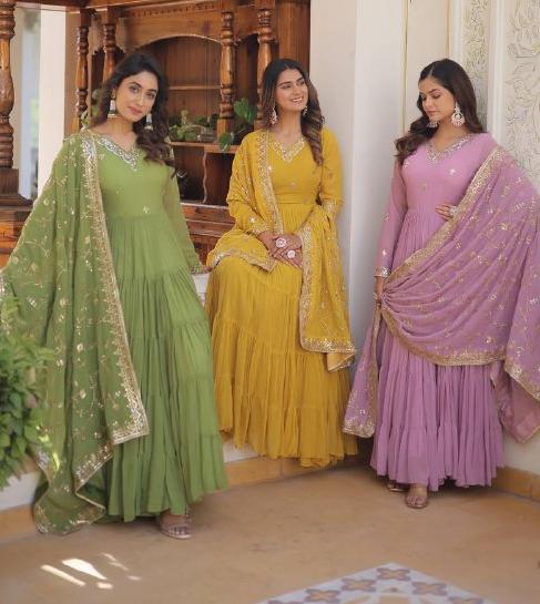 Splendid Faux Georgette Embroidered Designer Gown With Dupatta - Ethnicwish