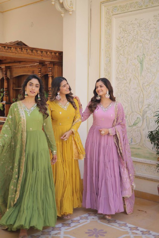 Splendid Faux Georgette Embroidered Designer Gown With Dupatta - Ethnicwish