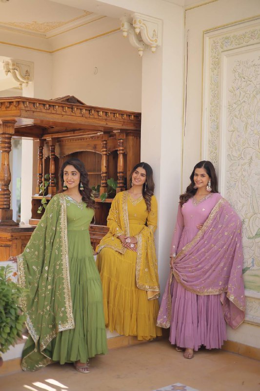 Splendid Faux Georgette Embroidered Designer Gown With Dupatta - Ethnicwish