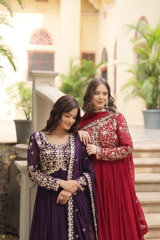 Breathtaking Faux Georgette Sequins Zari Worked Designer Gown - Ethnicwish