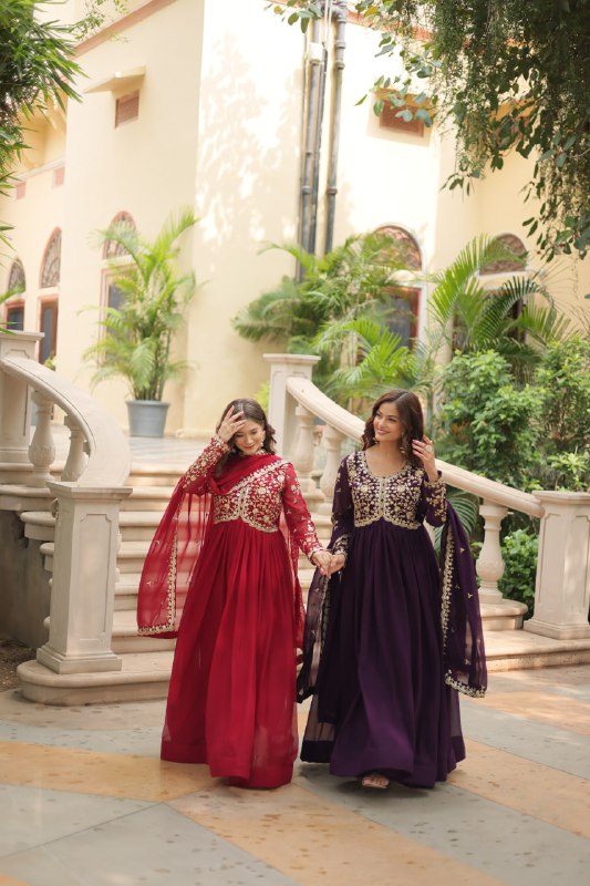 Breathtaking Faux Georgette Sequins Zari Worked Designer Gown - Ethnicwish