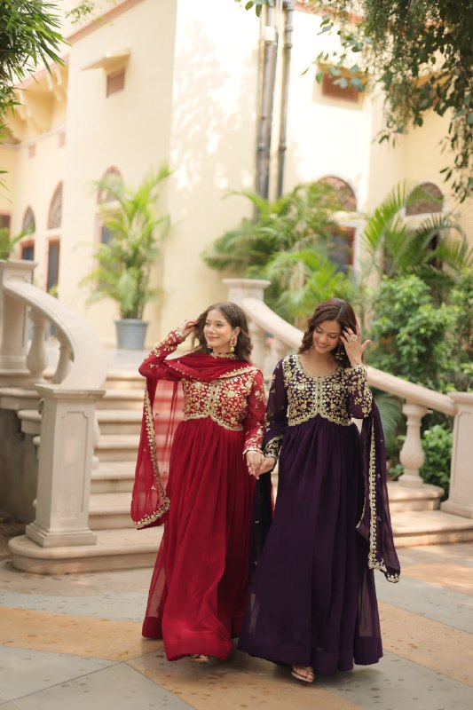 Breathtaking Faux Georgette Sequins Zari Worked Designer Gown - Ethnicwish