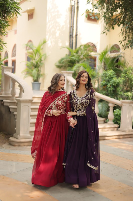 Breathtaking Faux Georgette Sequins Zari Worked Designer Gown - Ethnicwish