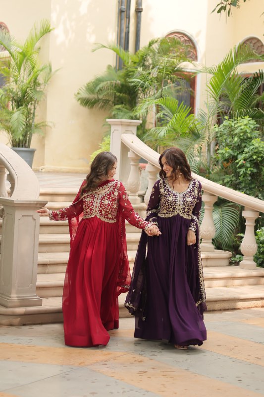 Breathtaking Faux Georgette Sequins Zari Worked Designer Gown - Ethnicwish