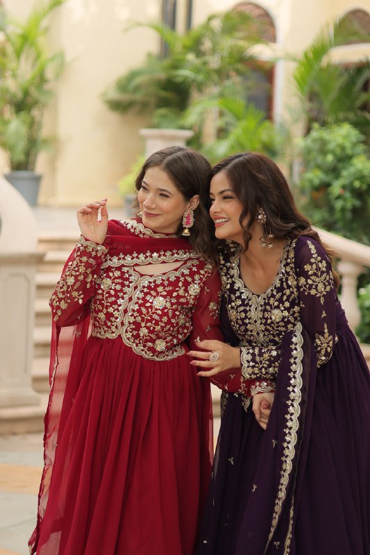 Breathtaking Faux Georgette Sequins Zari Worked Designer Gown - Ethnicwish