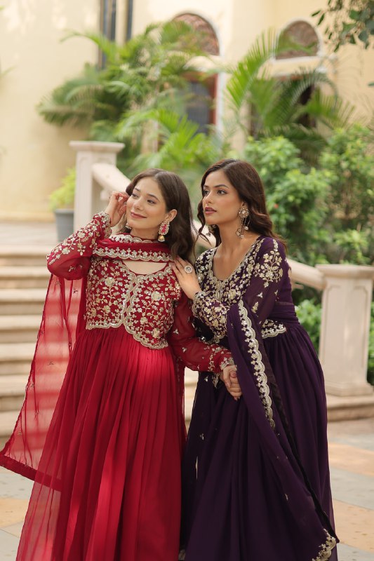 Breathtaking Faux Georgette Sequins Zari Worked Designer Gown - Ethnicwish