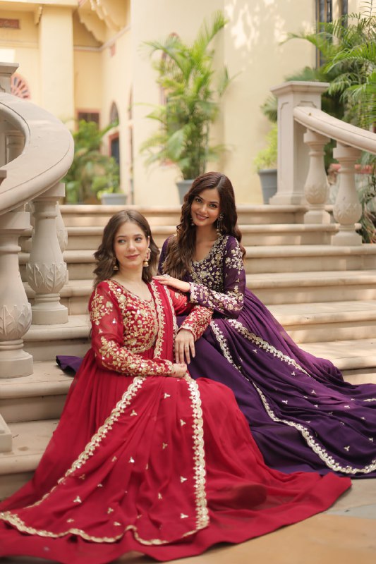 Breathtaking Faux Georgette Sequins Zari Worked Designer Gown - Ethnicwish