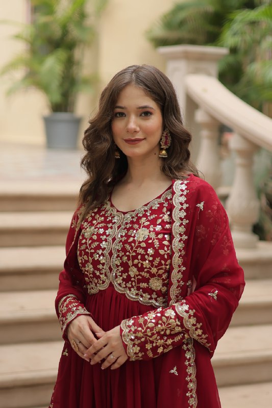 Breathtaking Faux Georgette Sequins Zari Worked Designer Gown - Ethnicwish