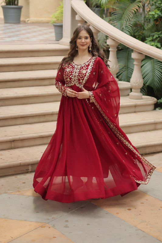 Breathtaking Faux Georgette Sequins Zari Worked Designer Gown - Ethnicwish