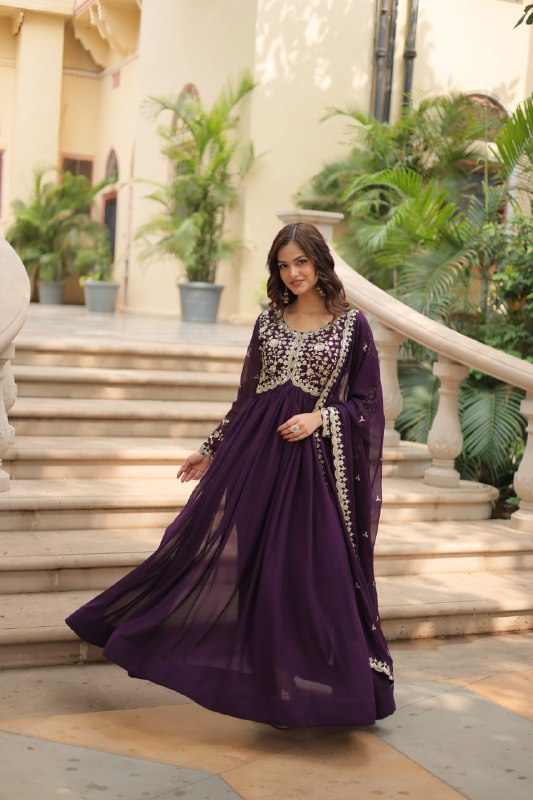 Breathtaking Faux Georgette Sequins Zari Worked Designer Gown - Ethnicwish