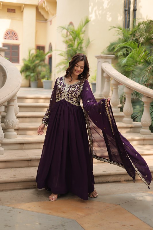 Breathtaking Faux Georgette Sequins Zari Worked Designer Gown - Ethnicwish
