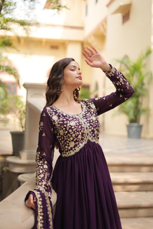 Breathtaking Faux Georgette Sequins Zari Worked Designer Gown - Ethnicwish