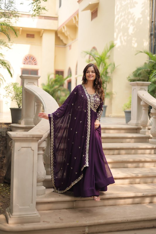 Breathtaking Faux Georgette Sequins Zari Worked Designer Gown - Ethnicwish