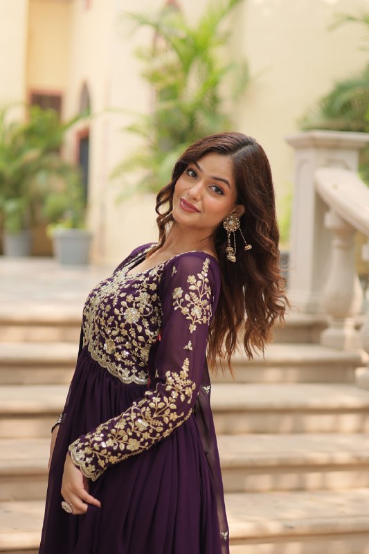 Breathtaking Faux Georgette Sequins Zari Worked Designer Gown - Ethnicwish