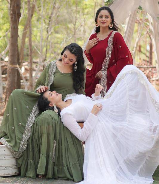 Delightful Faux Georgette 15 Meter Flared Fully Stitched Ruffle Gown - Ethnicwish